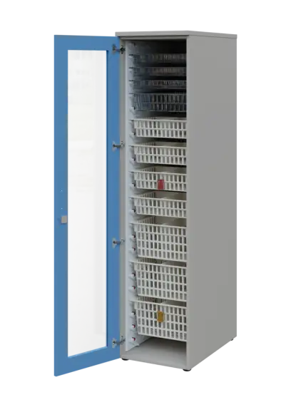 EUROMEDICA S - 46 skříň léková boxová, 1-dveřová/prosklená, levá, 1950x460x735, korpus šedý, dvířka pastelově modrá